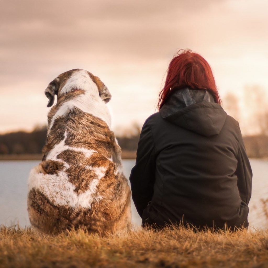 A woman sitting next to her old dog